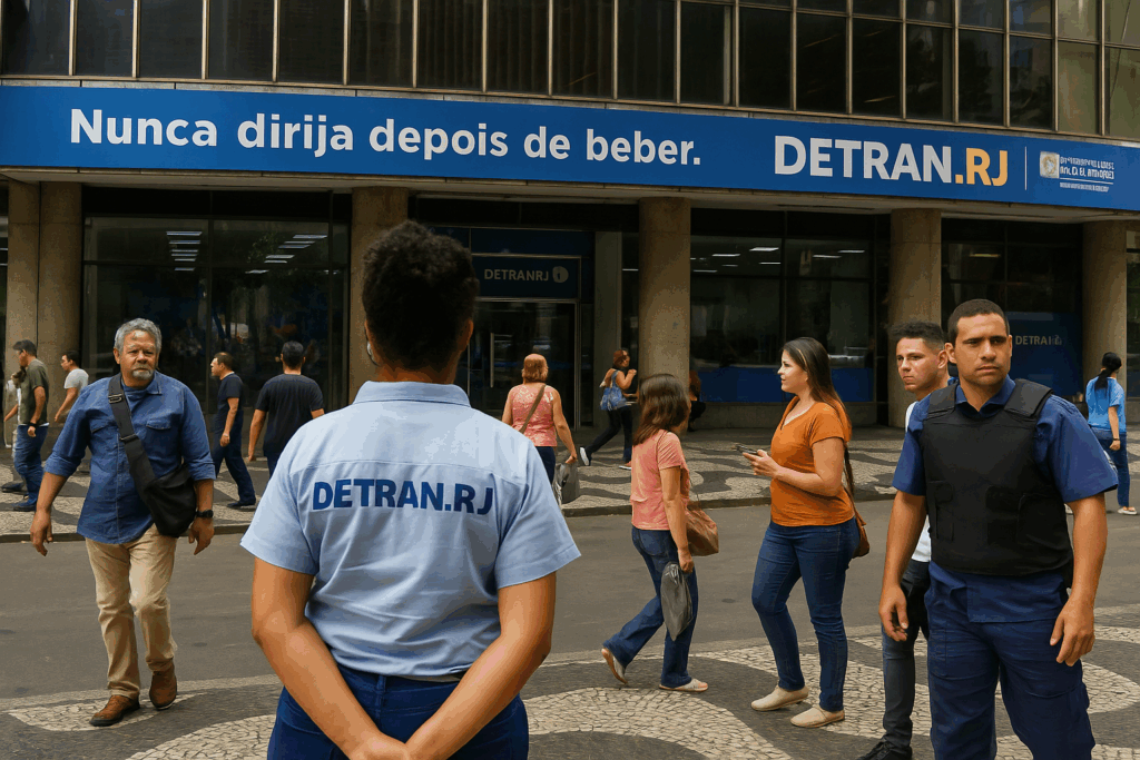 Fachada da sede do DETRAN RJ com pessoas circulando na calçada em um dia de atendimento, representando movimentação pública e contexto institucional.